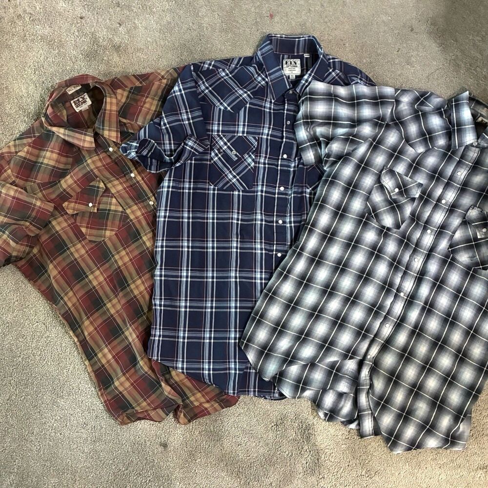 Lot Of 3 Vintage Ely Cattleman Tall Western Pearl Snap Plaid Shirts 2XLT Bundle